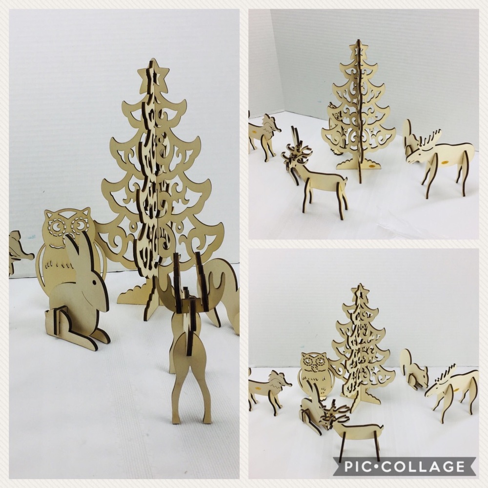 Christmas winter woodland scene 7pcs tree animals